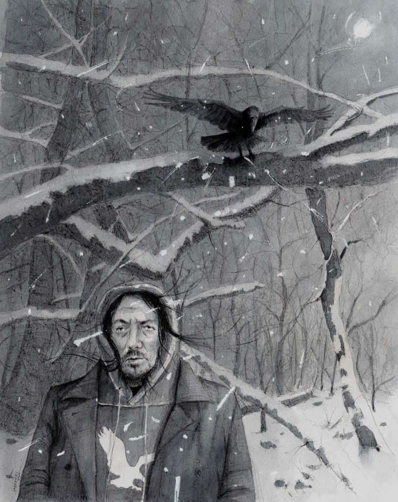 Marek Jaśkowiec — AUTOPORTRET Z KRUKIEM 31×39 - akwarela, papier