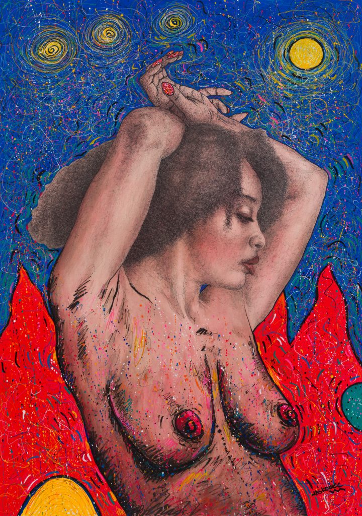 Marek Jaśkowiec — seria KOSMOS — "Kobieta w płomieniach", techniki mieszane i własne / 100 x 70 cm